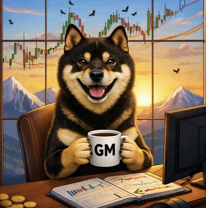 A cheerful Shiba Inu dog sits at a desk holding a "GM" mug, with a candlestick chart overlaid on a mountain sunset behind it and an open chart-filled book on the desk. The image embodies the crypto "GM" culture referenced in the $MANYU post, presenting the Shiba Inu mascot as a friendly trader greeting the "ManyuArmy" community.