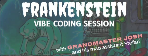 The image features a banner for a coding session titled "Frankenstein VIBE CODING SESSION" with a cartoon of Frankenstein, who is known for his mad assistant, depicted as a green monster. The banner also includes text that reads "with Grandmaster @joshsimenhoff aur uske mad assistant @0xMadScientist Lab khul chuka hai. Sparks udd rahe hain. Code unstable hai. Join karo ek gloriously Ritualized aur pura unhinged vibecoding session jahan hum Ritual Chain par kuch build". The image is related to the post because it features a cartoon of Frankenstein, which is the main character from "Frankenstein" by Mary Shelley.