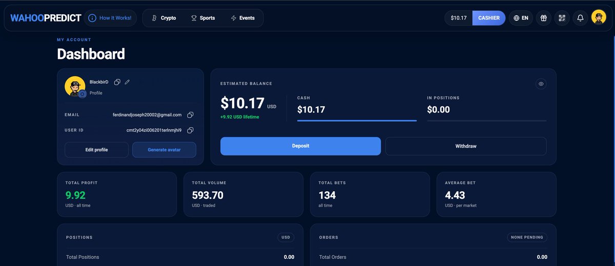 A dark-themed dashboard for 'WAHOOPREDICT' showing a user profile for 'Blackbird0', an estimated balance of $10.17 USD, a total profit of 9.92, and a total volume of 593.70.