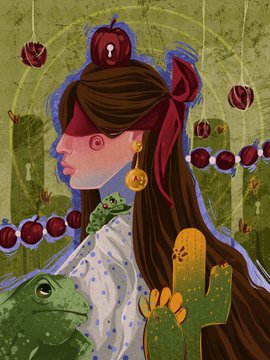 A stylized illustration shows a woman in profile with brown hair and a red ribbon, surrounded by hanging red apples, a small green lizard, and cactus-like plants against a green background.