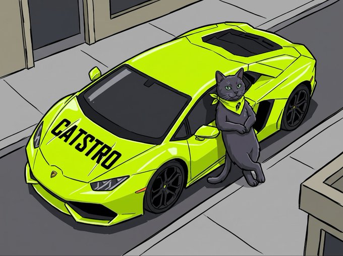 Cartoon illustration of a gray cat wearing a green bandana standing next to a bright yellow-green Lamborghini with 'CATSTRO' written on the hood.