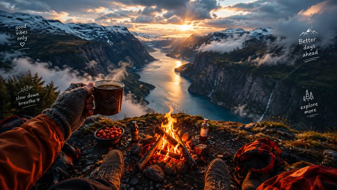 A scenic first-person view of someone camping by a campfire at sunset over a fjord, holding a mug, with overlaid motivational phrases like 'good vibes only', 'slow down breathe', 'Better days ahead', and 'explore more'.