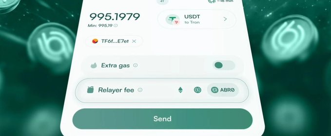 A mobile screenshot of the Allbridge app interface displays a cross-chain transfer of 995.1979 USDT to the Tron network, featuring options for Extra gas and a Relayer fee paid in ABR, with a prominent green Send button. The clean, modern UI visually reinforces the post's praise of Allbridge's smooth, transparent, and user-friendly experience for fast cross-chain transfers.