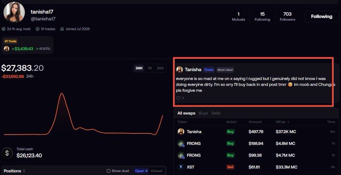 Screenshot of a user profile 'tanisha17' on a crypto trading platform showing a portfolio of $27,383.20, with a pinned tweet apologizing for being 'so mad' and asking forgiveness.