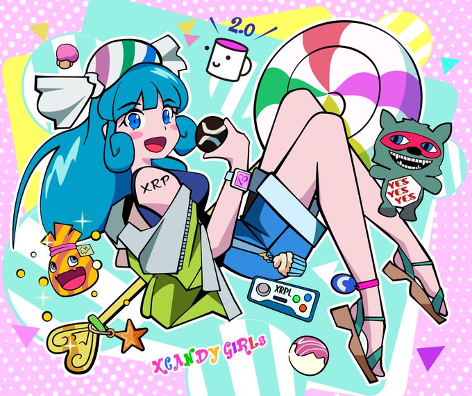 A vibrant hand-drawn illustration of a cheerful blue-haired anime girl surrounded by candy-themed items, with the text "XRP," "2.0," "YES YES YES," and "XRP" visible on her clothing, watch, and a handheld device, alongside the "XcaNDy GiRLs" logo—matching the NFT collection being promoted at 1.88 XRP with only 30 editions.