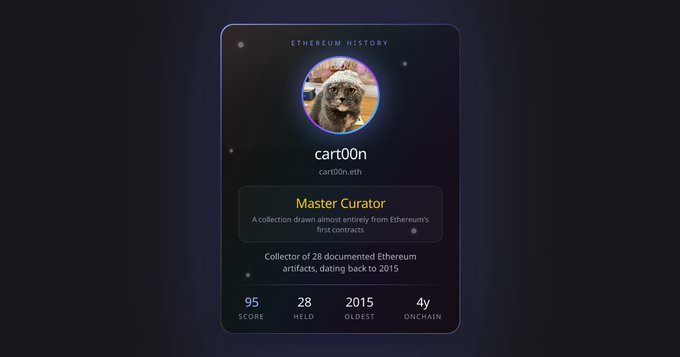 An 'Ethereum History' profile card for 'cart00n' (cart00n.eth), labeled 'Master Curator,' described as 'A collection drawn almost entirely from Ethereum's first contracts,' with stats showing a score of 95, 28 held, oldest from 2015, and 4y onchain.