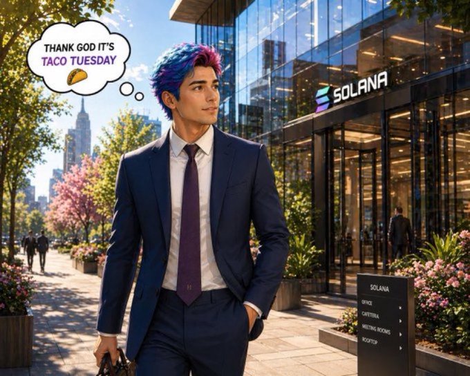 The image features a man dressed in a suit, walking down a sidewalk with his handbag over his shoulder. In front of him stands a building that has "Solana" written on its facade. The text "Good morning Solana" is displayed above the photo.