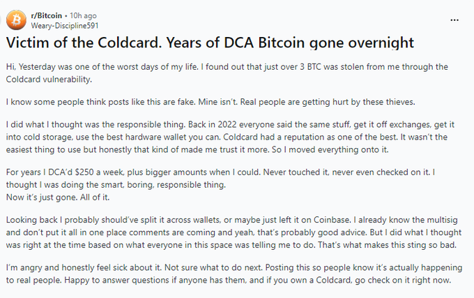 Reddit post on r/Bitcoin by user Weary-Discipline591 titled 'Victim of the Coldcard. Years of DCA Bitcoin gone overnight,' describing the loss of over 3 BTC due to a Coldcard vulnerability and urging others to check their wallets.
