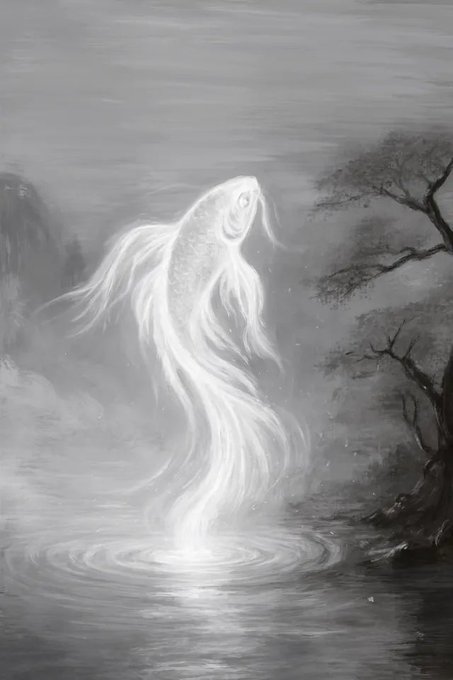 A monochromatic, ethereal painting of a large koi-like fish or dragon leaping from a body of water into a misty, tree-lined sky.