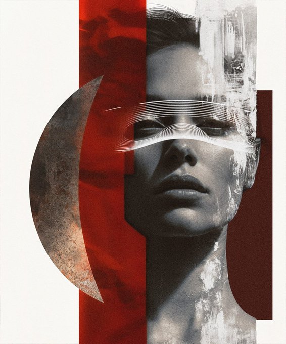 A black-and-white portrait of a woman's face is overlaid with wavy white lines across her eyes and abstract red and gray geometric shapes, visually echoing the caption's theme of distortion and obscuration—something standing between the viewer and the subject without wholly erasing what lies beneath. The artwork aligns with the described limited edition piece titled "Interference," released in 10 editions at 0.005 ETH.