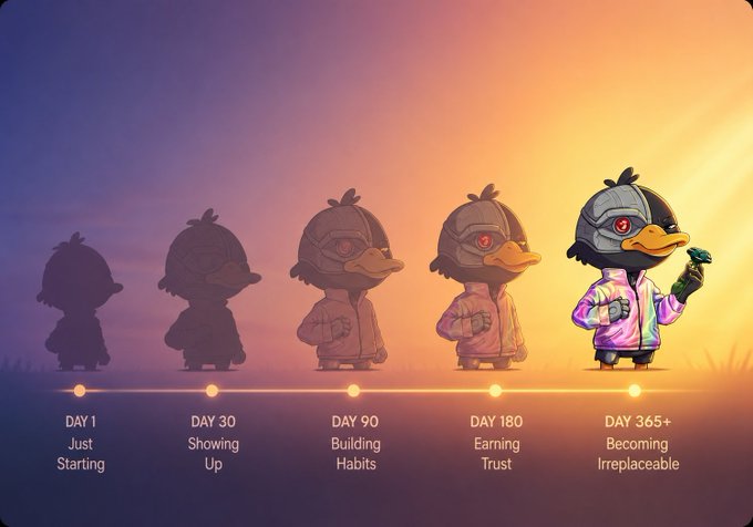 The image shows a cartoon duck character with a pink jacket, standing against an orange background. The duck has a green hat on its head and appears to be holding a cup of coffee. Below the duck, there are five lines representing different stages or days in the character's life. Each line depicts the character at a specific stage: Day 1 (showing up), Day 30 (building habits), Day 90+ (achieving trustworthy habits), Day 180 (reaching trustworthy habits), and Day 360+ (lasting presence). The image suggests that the cartoon duck is on a journey to develop good habits, starting from day one and progressing through various stages until it reaches a point where its actions are consistent with positive traits.