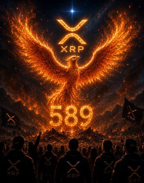 The image features a poster with an orange bird, possibly a phoenix or eagle, flying over a group of people who are wearing jackets that say "XRP" on them. The phrase "From ashes to power" is written above the bird in white letters. The background of the poster shows a sky filled with stars and fire, creating a sense of energy and excitement. The image also includes text that reads "XRP 589 PHOENIX FOREVER", which could be interpreted as a reference to the XRP cryptocurrency or a promotional slogan for an event related to it.