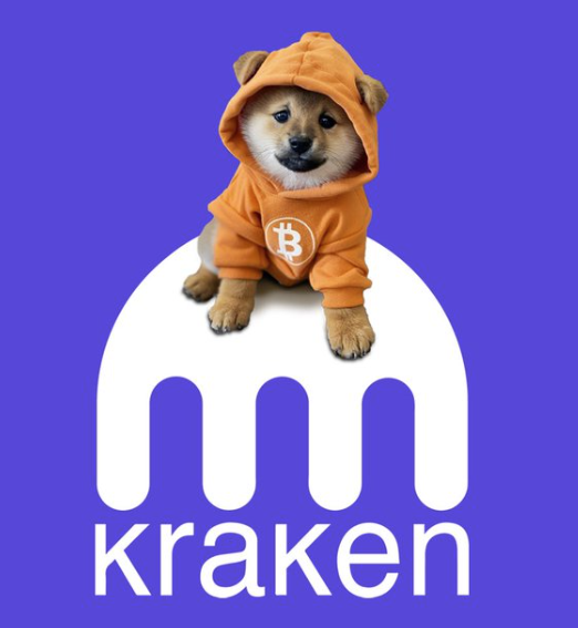 A Shiba Inu dog wearing an orange Bitcoin hoodie sits atop a white Kraken logo on a purple background.