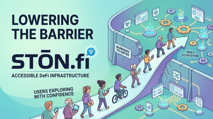 A promotional graphic for STON.fi featuring the tagline 'LOWERING THE BARRIER' and 'ACCESSIBLE DeFi INFRASTRUCTURE', depicting diverse users ascending a stairway from a 'BARRIERS TO ENTRY' wall toward a 'WEB3 ECOSYSTEM' connected by gears and digital interfaces, labeled 'USERS EXPLORING WITH CONFIDENCE'.