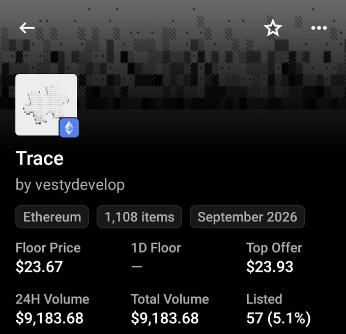 NFT collection page on OpenSea for 'Trace' by vestydevelop on Ethereum, showing 1,108 items, September 2026, with a floor price of $23.67, top offer of $23.93, and 24H/total volume of $9,183.68, with 57 listed (5.1%).