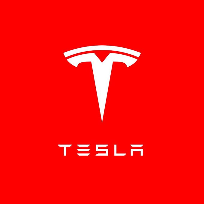 The Tesla logo, featuring a stylized white 'T' emblem above the word 'TESLA' in a futuristic font on a solid red background.