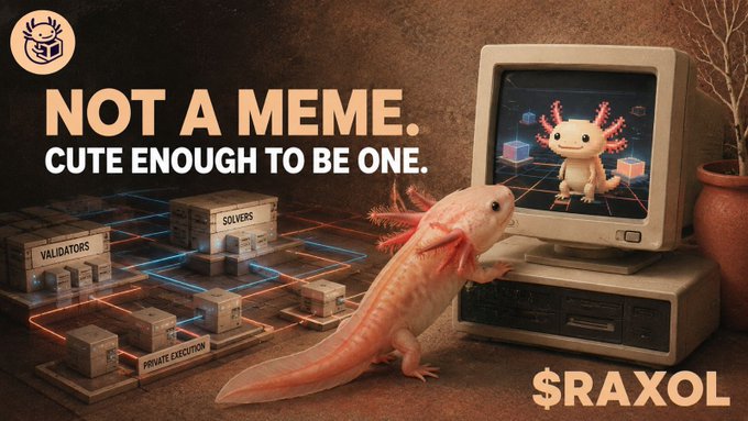 A digital artwork for the cryptocurrency $RAXOL features an orange axolotl next to a retro computer, with text reading "NOT A MEME. CUTE ENOUGH TO BE ONE."