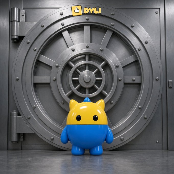 A small yellow and blue cartoon cat-like figure stands in front of a massive steel bank vault door, with a 'OYU' logo visible at the top.