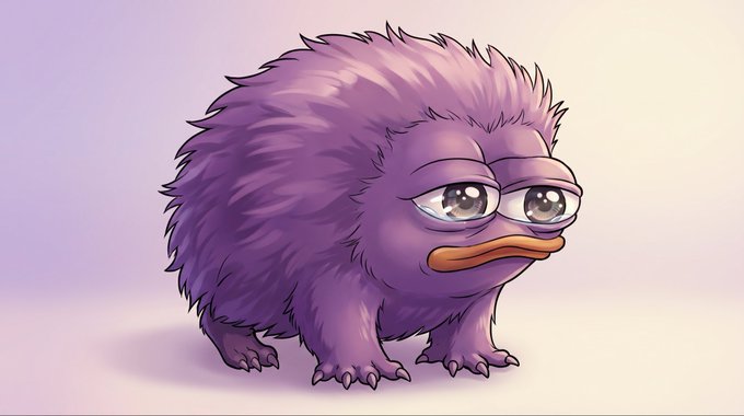 A digital illustration of a round, fuzzy purple creature with sad eyes and an orange duck bill.