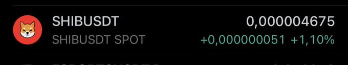 A Shiba Inu logo accompanies the SHIBUSDT spot trading pair, priced at 0.000004675 with a gain of +0.000000051 (+1.10%), reflecting the modest uptick the post celebrates with "SHIB IS GOOD."