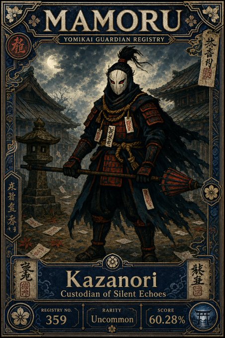 A digital trading card titled "MAMORU YOMIKAI GUARDIAN REGISTRY," featuring an armored samurai-like figure holding a sword, with stats like "RARITY Uncommon" and a score of "60.28%" at the bottom.