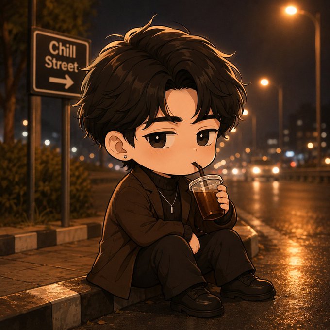An animated illustration of a young chibi-style character with messy dark hair, wearing a black outfit and earring, sitting on a sidewalk at night drinking from a plastic cup with a straw, near a "Chill Street" sign.