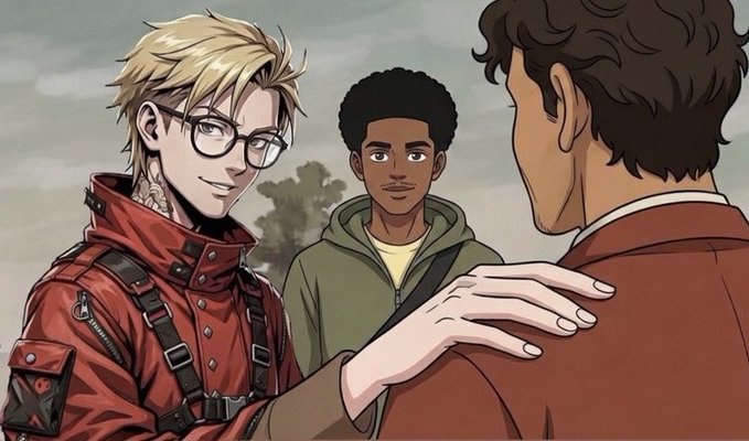 A red-haired figure resembling an anime character with glasses and a red jacket places a reassuring hand on another's shoulder while a young man in a hoodie watches, mirroring the crypto Twitter narrative's depiction of crypto personalities pivoting alliances and platforms.

The accompanying post describes a chaotic sequence of shifting allegiances in the crypto space—from Ansem supporting SOL, to Robinhood embracing memes, to Cobie promoting Base and prompting Brian to change his profile picture—reflecting the image's scene of figures in conversation, seemingly mid-pivot or negotiation.