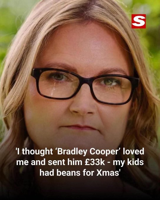 A close-up portrait of a blonde woman wearing glasses, visibly tearful, with a caption reading "'I thought 'Bradley Cooper' loved me and sent him £33k - my kids had beans for Xmas'." The image appears to illustrate the post's reference to a scam victim who sent £33k to someone they believed was Bradley Cooper, tying into the $UFD (likely a "scammed/fooled" sentiment).
