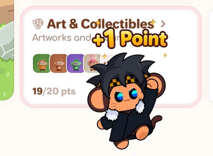 A monkey character with spiky black hair celebrating a +1 Point achievement in an Art & Collectibles category showing 19/20 pts.