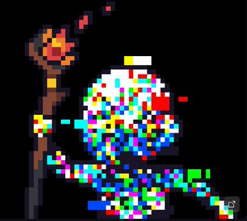 A pixel art piece depicts a colorful, glitchy character with a staff topped by a flame against a black background.