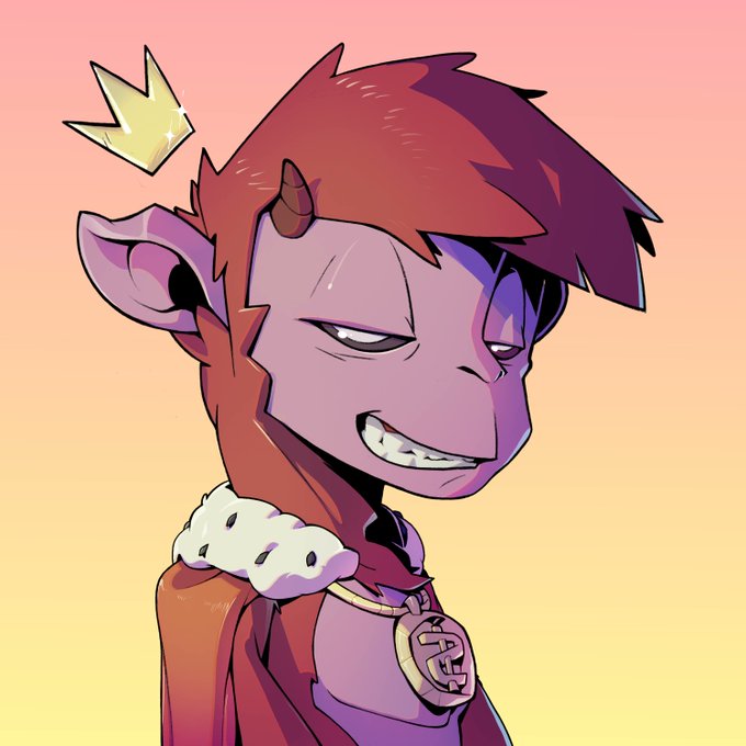 An animated illustration of a character with reddish hair, small horns, and a smug grin wearing a medallion.