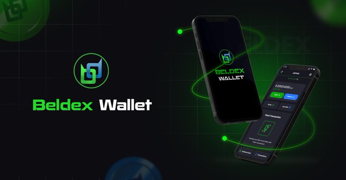 The image is a promotional banner for "Beldex Wallet," featuring the Beldex logo and name alongside two smartphone mockups displaying the wallet interface with a Flash Transaction screen, highlighting how the company's browser integrates with its blockchain ecosystem for a seamless Web3 experience. The dark green theme and app previews visually reinforce the post's message about Beldex combining privacy-focused browsing with blockchain functionality.