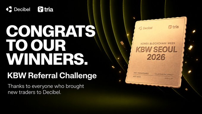 A promotional graphic from Decibel and tria announces the winners of the "KBW Referral Challenge," featuring a gold "Korea Blockchain Week KBW Seoul 2026" winner's medal, in connection with the post noting that top referrers have earned tickets to Seoul with cash rewards being distributed to their Decibel accounts.