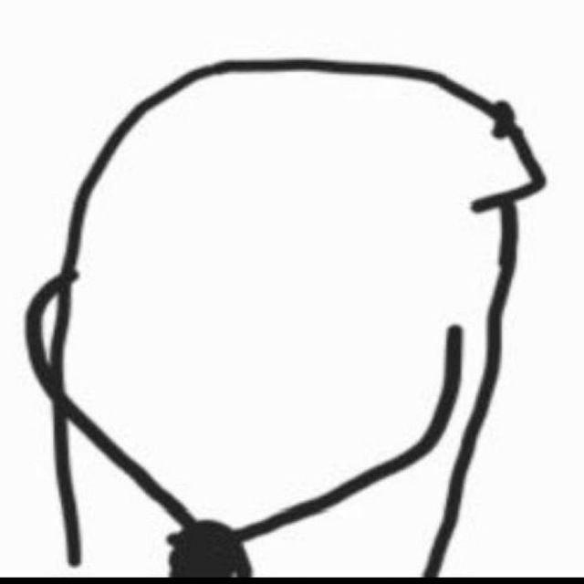 A simple black-line cartoon drawing of a figure viewed from behind/side, with minimal facial features visible, in an internet meme style.