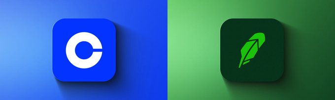 Two cryptocurrency app icons displayed side by side: the Coinbase 'C' logo on blue and the Robinhood feather logo on green.
