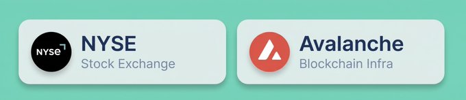 A graphic showing logos for the NYSE (Stock Exchange) and Avalanche (Blockchain Infra) on a light green background.