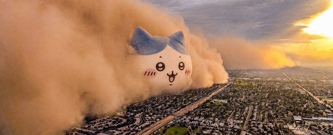 A massive dust storm cloud, overlaid with a cartoon cat face (Chiikawa), looms ominously over a residential city landscape.