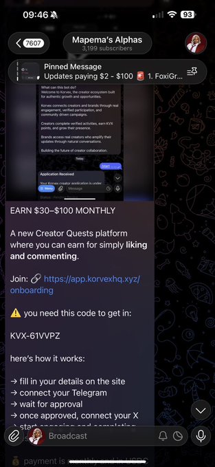 A Telegram post from "Mapema's Alphas" (3,199 subscribers) displays a pinned message advertising "Korvex," a creator monetization platform that pays $2-$100 for updates, community building, and post engagement, with an application link (https://app.korvexhq.xyz/) and access code KVX-61VVPZ for earning $30-$100 monthly through a new Creator Quests platform. The post celebrates community milestones including reaching 3.2k+ members, securing a $100k task, sharing hire opportunities, and conducting over 50k naira in giveaways, tying directly to the advertised earning opportunities shown in the pinned message above.