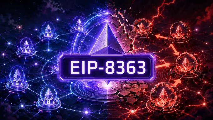 The image features the text "EIP-8363" prominently displayed alongside Ethereum logos, visually representing the EIP-8363 (Tapered Issuance Burn) proposal and its potential impact on Ethereum's monetary policy and ETH tokenomics. The split design with secure and fragmented elements symbolizes the trade-offs and changes this proposal would bring to the Ethereum network.