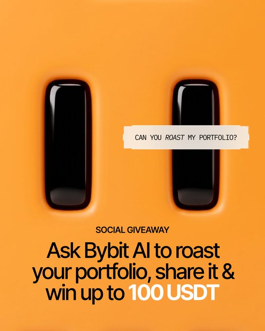 The image features an orange background with two black glossy pill-shaped objects framing a white banner that reads "CAN YOU ROAST MY PORTFOLIO?" Below, text announces a "SOCIAL GIVEAWAY" inviting users to "Ask Bybit AI to roast your portfolio, share it & win up to 100 USDT," promoting Bybit's social media contest where participants engage with the Bybit AI Chatbot for a chance to win.