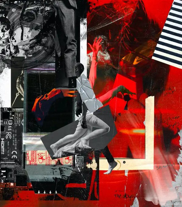 A mixed-media collage artwork in red, black, and white featuring fragmented images of figures, a circuit board labeled 'HDMI', and text including 'THE ODYSSEY' at the bottom.