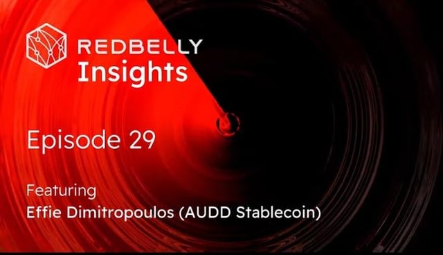 A promotional graphic for Redbelly Insights Episode 29, featuring a bold red and black swirl design with the text "REDBELLY Insights," "Episode 29," and "Featuring Effie Dimitropoulos (AUDD Stablecoin)" alongside the Redbelly logo. The image aligns with the post by announcing the episode's guest, Effie Dimitropoulos, CEO of the AUDD Stablecoin, in a Redbelly Insights series.