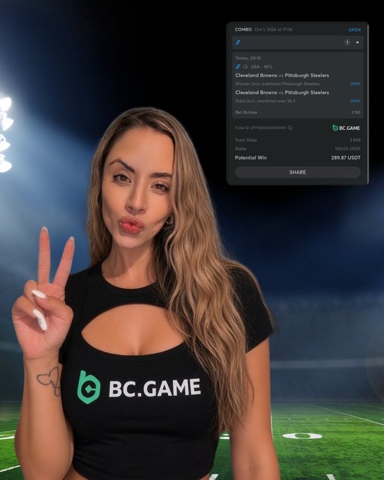 A woman wearing a black 'BC.GAME' t-shirt making a peace sign, with a sports betting interface overlay showing wagers on the Cleveland Browns vs Pittsburgh Steelers game.