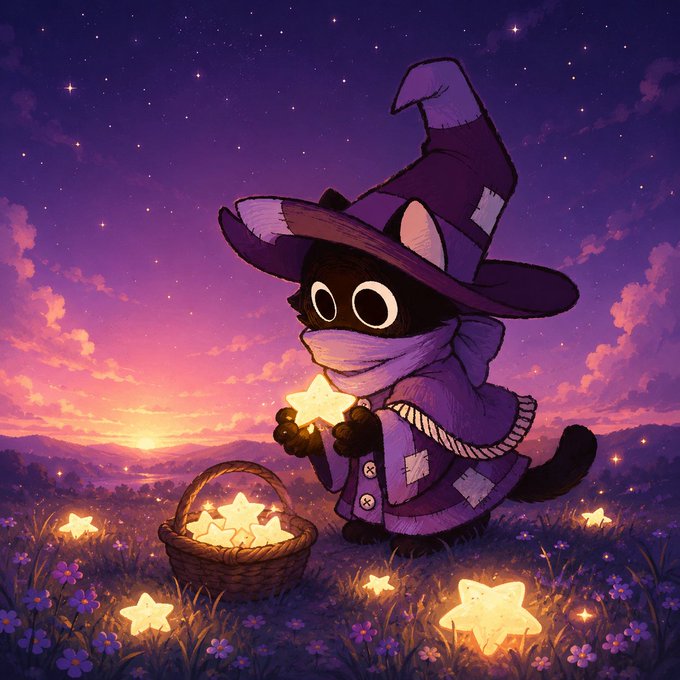A black cat dressed as a purple-cloaked wizard kneels in a twilight meadow, cradling a glowing star beside a basket full of fallen stars, capturing the magical "Stargazer cat" essence of the post's quest to collect celestial lights. The dreamlike purple sunset sky dotted with stars reinforces the whimsical memecoin theme tied to the #Pumpfun, #Dex, and #Solana tags.