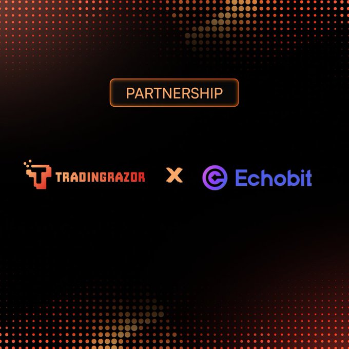 The image features a logo for TradingRazor and Echobit Exchange. The TradingRazor logo displays a red "X" with a black background, while the Echobit Exchange logo shows a blue "E". Both logos are positioned on a dark background, which emphasizes their colors and shapes. The text "Partnership" is written in white at the top of the image, and the post mentions that TradingRazor is excited to partner with Echobit Exchange for trading services across various markets.