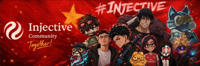 A promotional banner for "Injectiive Community" featuring various anime/manga characters against a red background with the hashtag #INJECTIVE.