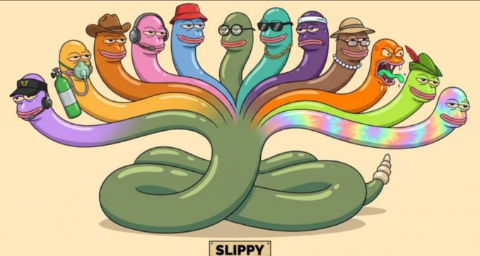 A cartoon illustration of a green snake with multiple colorful heads, each with different faces and accessories like hats and glasses, labeled 'SLIPPY' at the bottom.
