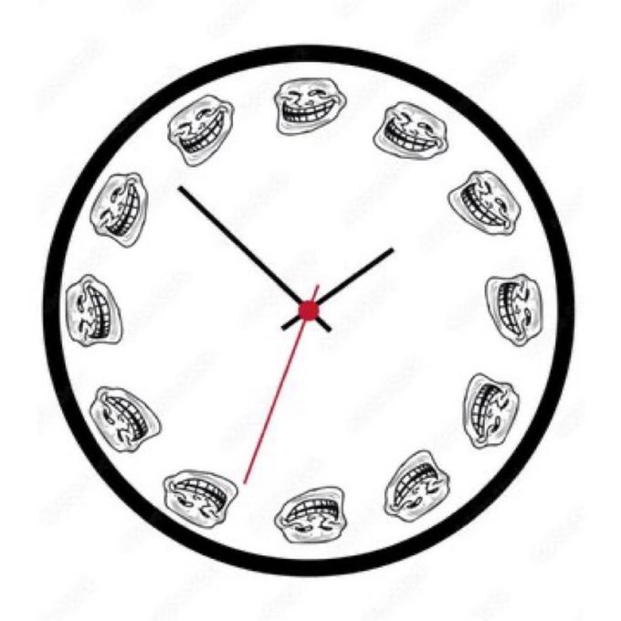 The image features a clock with a face that has been altered to display a series of funny faces instead of numbers, creating an amusing and unexpected visual effect. The clock's hands are also replaced by the faces of various trolls or monsters, adding to the overall humor of the scene. The caption below the image reads "Time for !" which is likely meant as a playful response to the altered clock face.