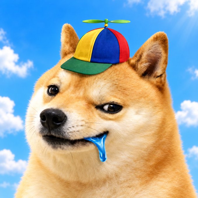 An AI-generated image of a Shiba Inu dog wearing a colorful propeller cap, with blue drool dripping from its mouth, set against a bright blue sky with clouds.