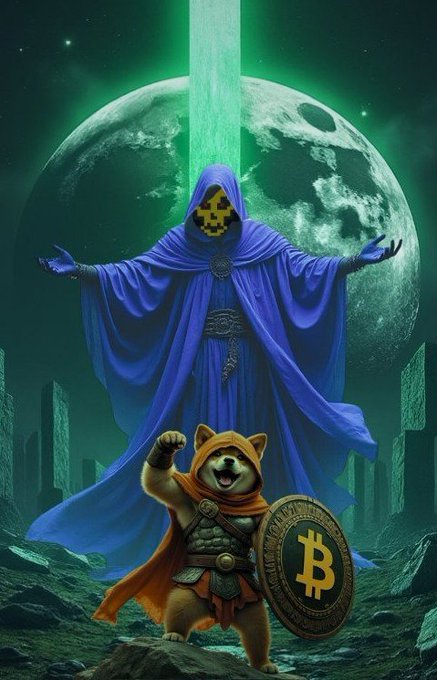 A cloaked hooded figure with a pixelated face stands before a large moon while a Shiba Inu dog warrior in armor holds a Bitcoin shield and raises its fist, symbolizing the $DOG memecoin's mission to dominate the crypto space and onboard millions to Bitcoin.